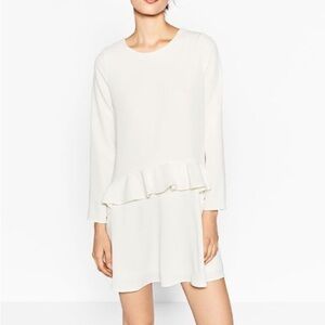 NWT Zara Long Sleeve Ruffle Mini Dress in Off White Size S Trafaluc Collection